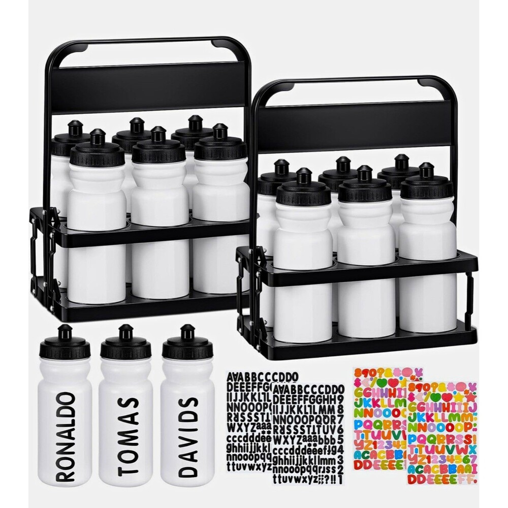 12x NWT Squeeze Water Bottles, 2x Carrier, White 20 oz NWT, BPA free, w stickers